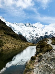 This beautiful photo is at Sealy Tarns known as the stairway to heaven in the Mount Cook National Park in the South Island of New Zealand. This hike has 2,200 steps!